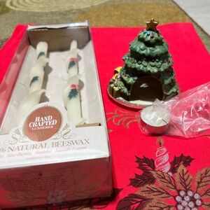 Natural Beeswax Candle Set with Festive Green Tree Holder